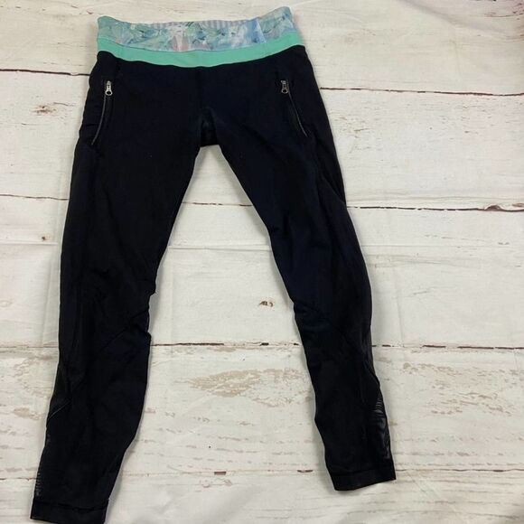 Lululemon Inspire Mesh Black midrise cropped Legging Floral band waist womens 8 - Picture 7 of 8